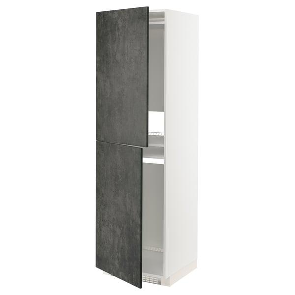 A tall, white METOD kitchen cabinet with dark grey kalhyttan fronts, featuring two doors and multiple shelves.