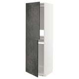 A tall, white METOD kitchen cabinet with dark grey kalhyttan fronts, featuring two doors and multiple shelves.