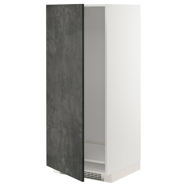 Modern kitchen cabinet with sleek swing door, white frames, grey concrete doors.