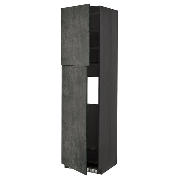 Modern grey cabinet with one open door, two shelves visible inside.
