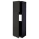 Black kitchen cabinet with overlay doors, enclosed at bottom for appliances, adjustable shelves.