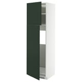 A tall white METOD kitchen cabinet with green havstorp doors, featuring a sleek and modern design.
