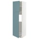 A white METOD tall cabinet with turquoise havstorp doors slightly open, revealing adjustable shelves, designed for modern kitchens.