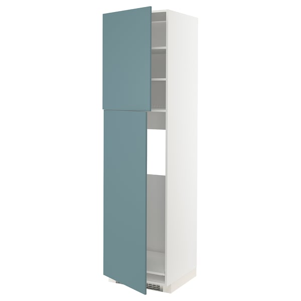 Blue kitchen cabinet with white frame, adjustable shelves, open door, turquoise color.