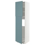 Blue kitchen cabinet with white frame, adjustable shelves, open door, turquoise color.