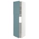 Blue kitchen cabinet with white frame, adjustable shelves, open door, turquoise color.