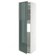A white METOD kitchen cabinet with grey-green high-gloss doors. It stands tall with an adjustable shelf inside and a modern design.