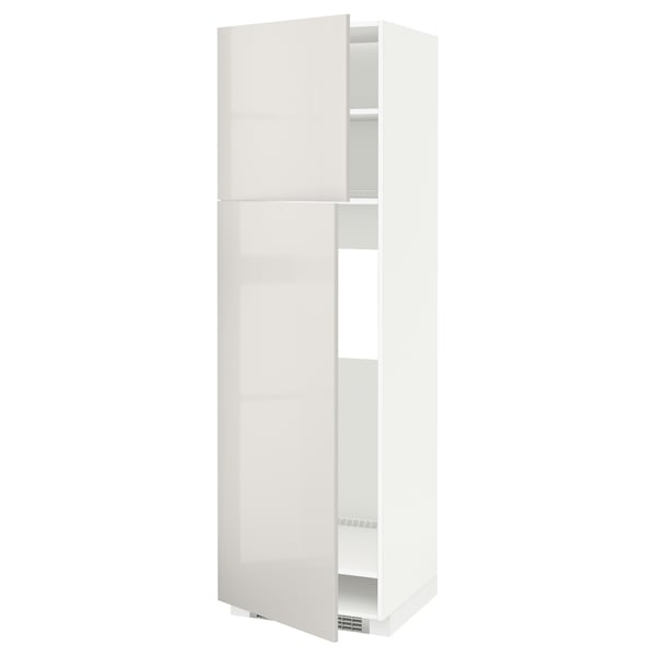 A white high-gloss cabinet from the METOD kitchen system, featuring adjustable shelves and a modern design.