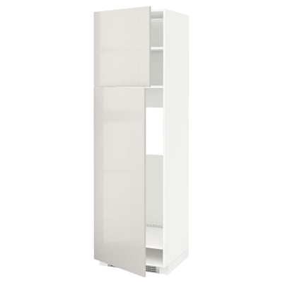 A white high-gloss cabinet from the METOD kitchen system, featuring adjustable shelves and a modern design.