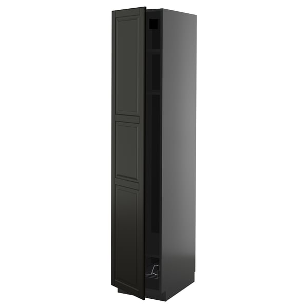 Black METOD kitchen cabinet, glossy finish, rectangular shape, tall with shelves.
