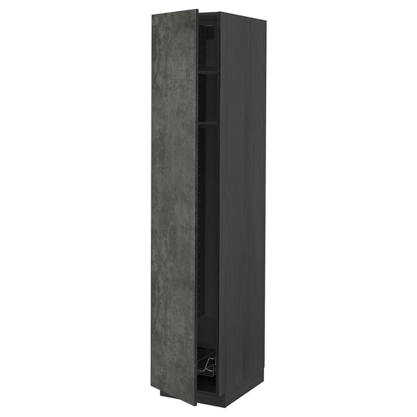 Dark grey METOD cabinet in concrete effect with one open door showing adjustable shelves.
