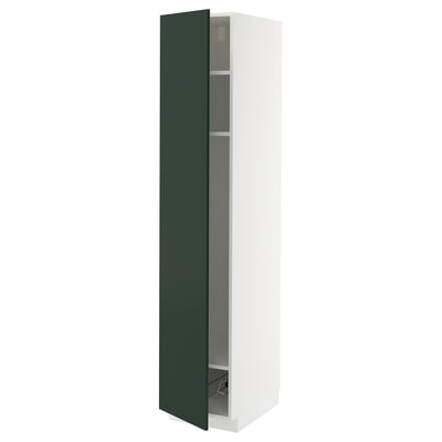 White tall kitchen cabinet with green door, adjustable shelf.