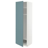 A white METOD kitchen cabinet with a turquoise door and adjustable shelves.