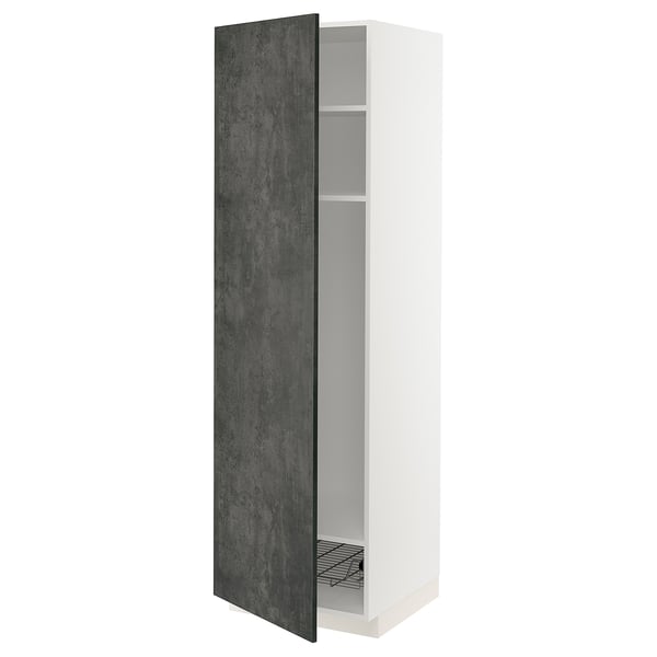 Modern dark grey kitchen cabinet with adjustable shelf and wire basket.
