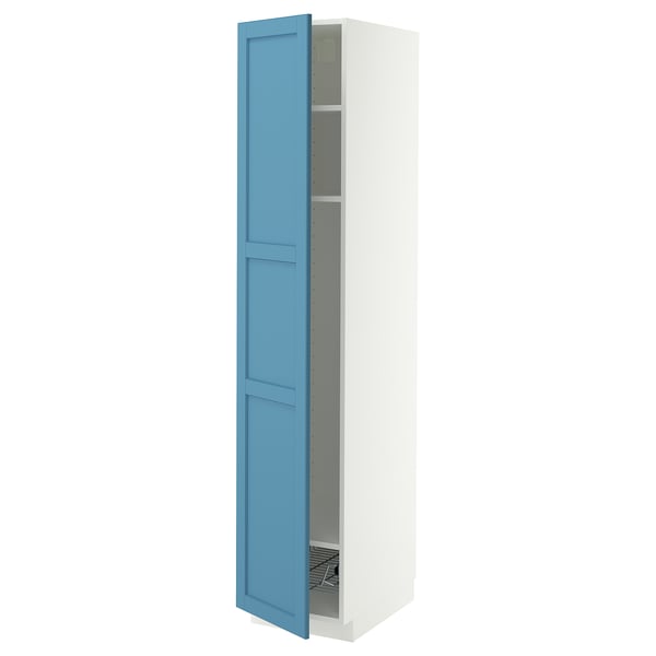 METOD High cabinet w shelves/wire basket, white/Lerhyttan blue, 40x60x200 cm