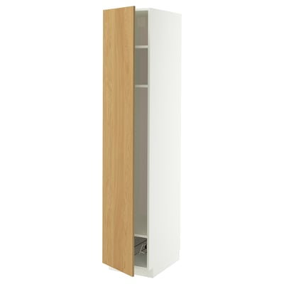 METOD High cabinet w shelves/wire basket, white/Sinarp oak veneer, 40x60x200 cm