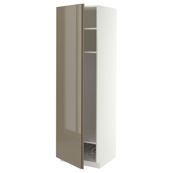 METOD High cabinet w shelves/wire basket, white/VOXTORP high-gloss dark grey-brown vertical, 60x60x200 cm