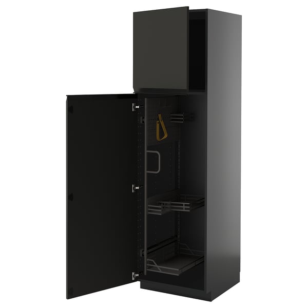Open black METOD cabinet with shelves and hooks; modern design.