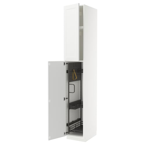METOD white kitchen cabinet with open left door and storage solutions.