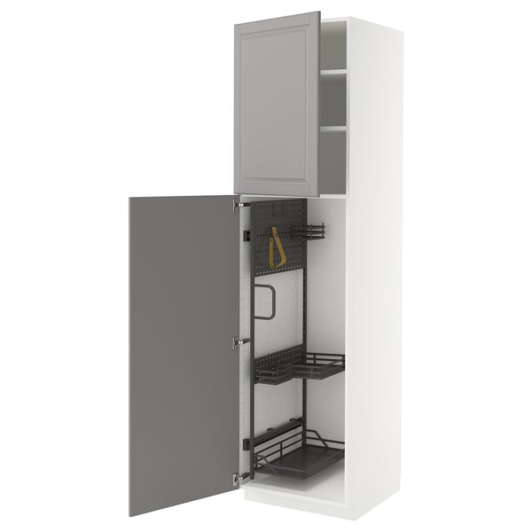 A white METOD kitchen cabinet with grey bodbyn doors, open to reveal internal storage and adjustable metal shelves.