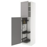 A white METOD kitchen cabinet with grey bodbyn doors, open to reveal internal storage and adjustable metal shelves.