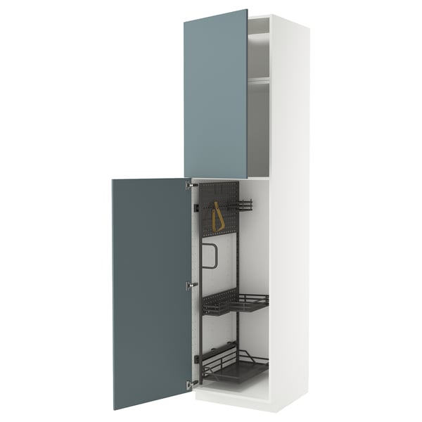 Turquoise METOD kitchen cabinet with pull-out organizer and gray interior.
