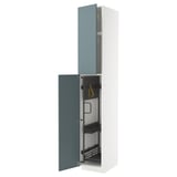 A white METOD kitchen cabinet with gray havstorp doors, open to display storage solutions.