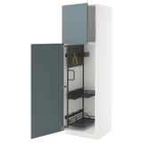 Three-section storage unit with blue doors, featuring inner organizers, metal shelves, and a white frame. Ideal for kitchens or laundry rooms.