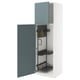 Three-section storage unit with blue doors, featuring inner organizers, metal shelves, and a white frame. Ideal for kitchens or laundry rooms.