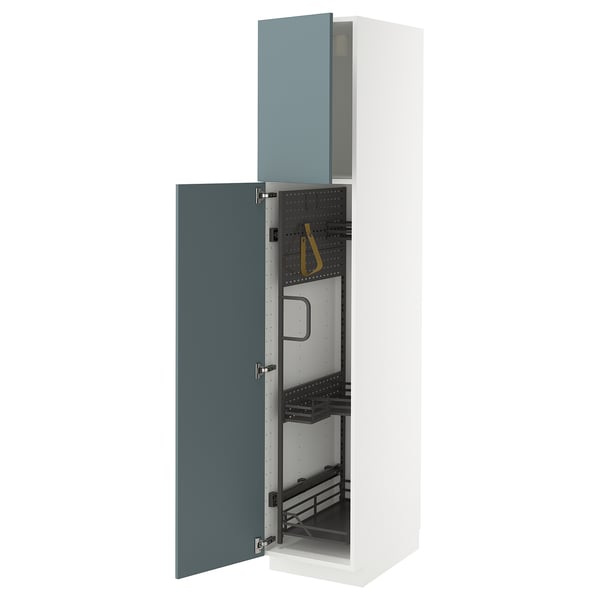 METOD kitchen cabinet with turquoise havstorp doors, white frames, and open storage shelves.