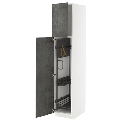 Open white METOD cabinet with dark grey concrete doors, steel pull-outs, and hinges.