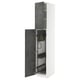 A tall white cabinet with dark grey textured doors, one open revealing organizing shelves.