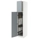 High gloss gray-blue kitchen cabinet with open door showing inner shelves.