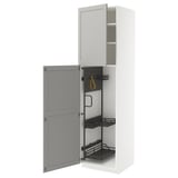 Displays an open, white METOD kitchen cabinet with gray lerhyttan doors. It a pegboard, pull-out organizers, and a 25-year guarantee.