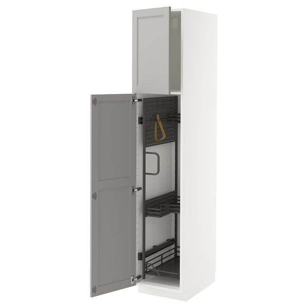 METOD kitchen cabinet, white with grey door, opened showing storage and hooks.