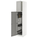 METOD kitchen cabinet, white with grey door, opened showing storage and hooks.