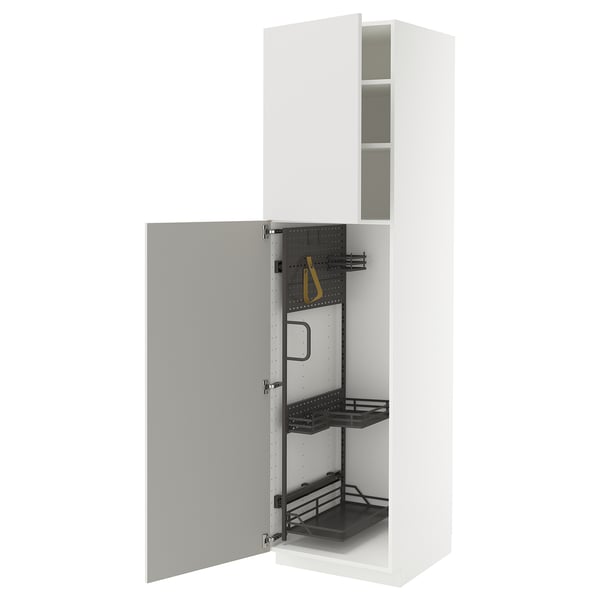 White METOD kitchen cabinet, gray interior, pull-out shelves.