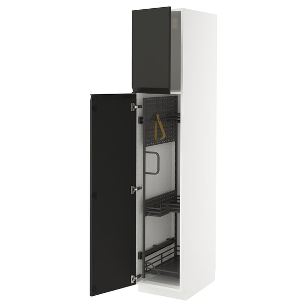 A white METOD kitchen cabinet with black upplöv doors open, revealing storage and organizers.
