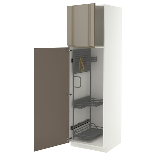 METOD High cabinet with cleaning interior, white/VOXTORP high-gloss dark grey-brown vertical, 60x60x200 cm