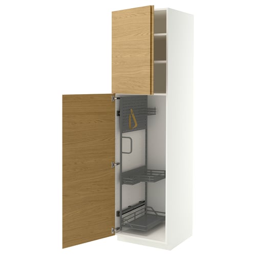 METOD High cabinet with cleaning interior, white/VOXTORP oak effect vertical handle, 60x60x220 cm