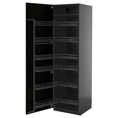 Black kitchen cabinet with multiple shelves and pull-out storage in a modern design.