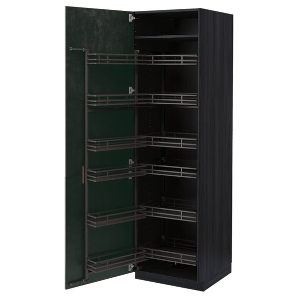 Modern dark grey kitchen cabinet with pull-out shelves, sleek design.
