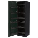 Modern dark grey kitchen cabinet with pull-out shelves, sleek design.