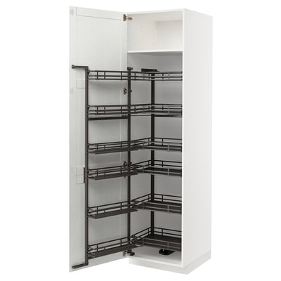 A white METOD kitchen cabinet with pull-out shelves. It multiple black metal racks for organizing items.