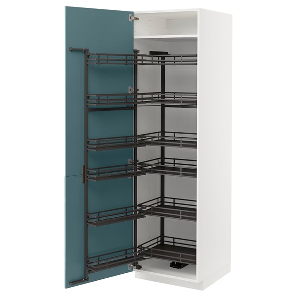 Modern white and turquoise pull-out larder with 6 shelves, sleek design.