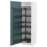 Modern white and turquoise pull-out larder with 6 shelves, sleek design.