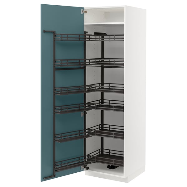 White METOD cabinet with pull-out turquoise shelves.