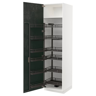 White METOD kitchen cabinet with pull-out units, dark grey doors, metal shelves, modern design.