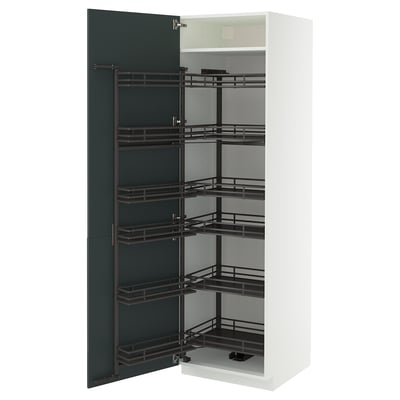 Modern white kitchen cabinet with pull-out spice racks in glossy gray-green; sleek design.