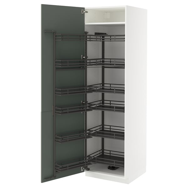 White kitchen cabinet with green door, pull-out shelves.